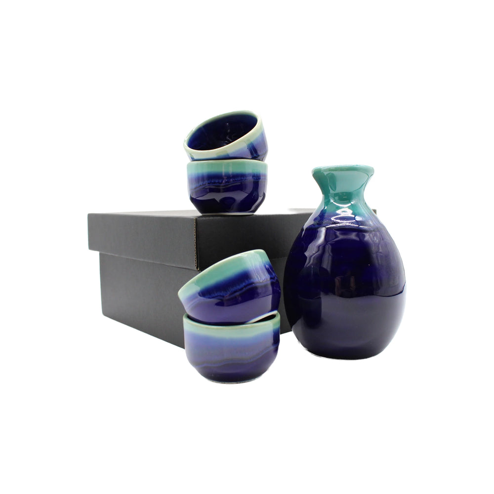 Sake Gift Set For Four - Cobalt Blue & Teal